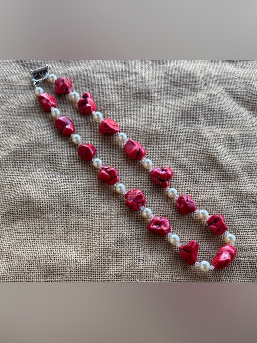 Red turquoise Bead elegant glass, pearl chunky necklace, western cowgirl New